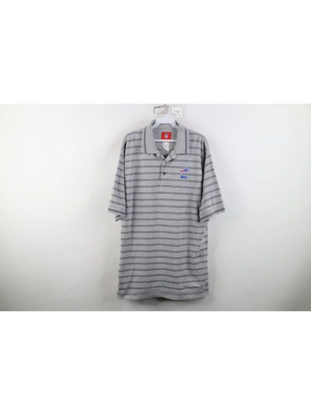 Vintage NFL Mens Size Large Striped Buffalo Bills Football Golf Polo Shirt Gray